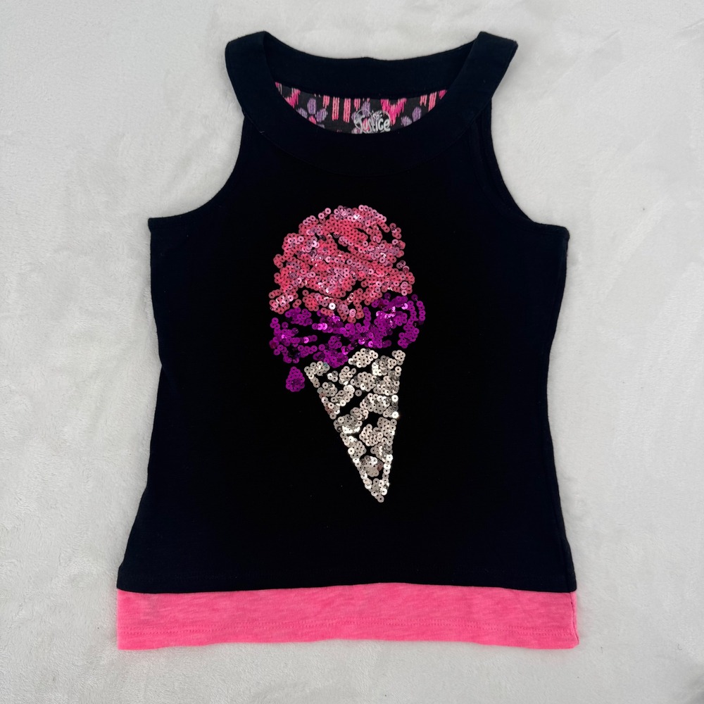 Justice Girls Black Sequin Ice Cream Cone Tulip Back Tank Top Kids Sz 7 Mcbling